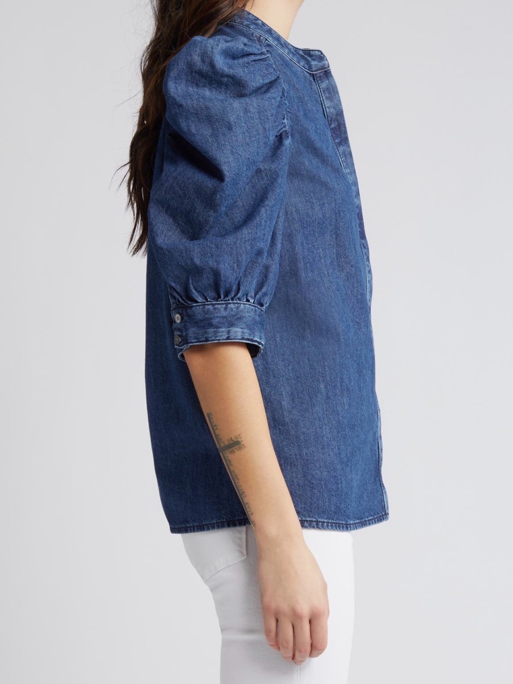 FRAME Gillian Puff Sleeve Denim Shirt Top S/P Blue Button Front - Picture 3 of 10